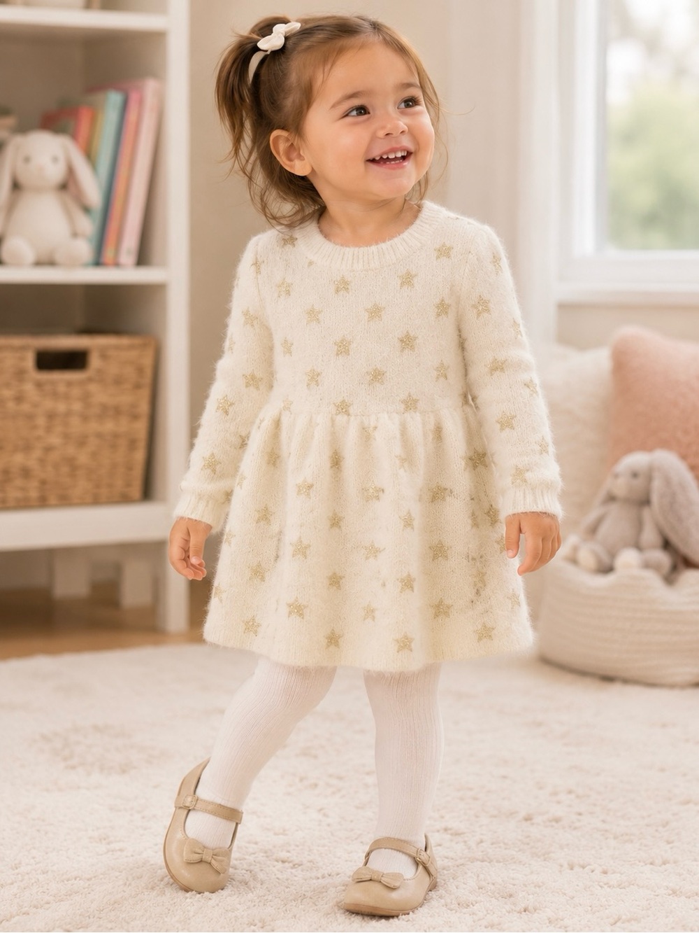 Rare Editions Girls 2T Ivory Fuzzy Sweater Dress Gold Stars NWT Holiday